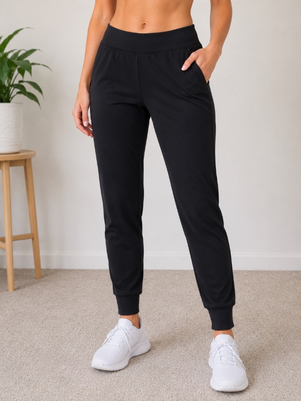 Leggings Depot Women's Black High Waisted Jogger Pants with Pockets, size Large
